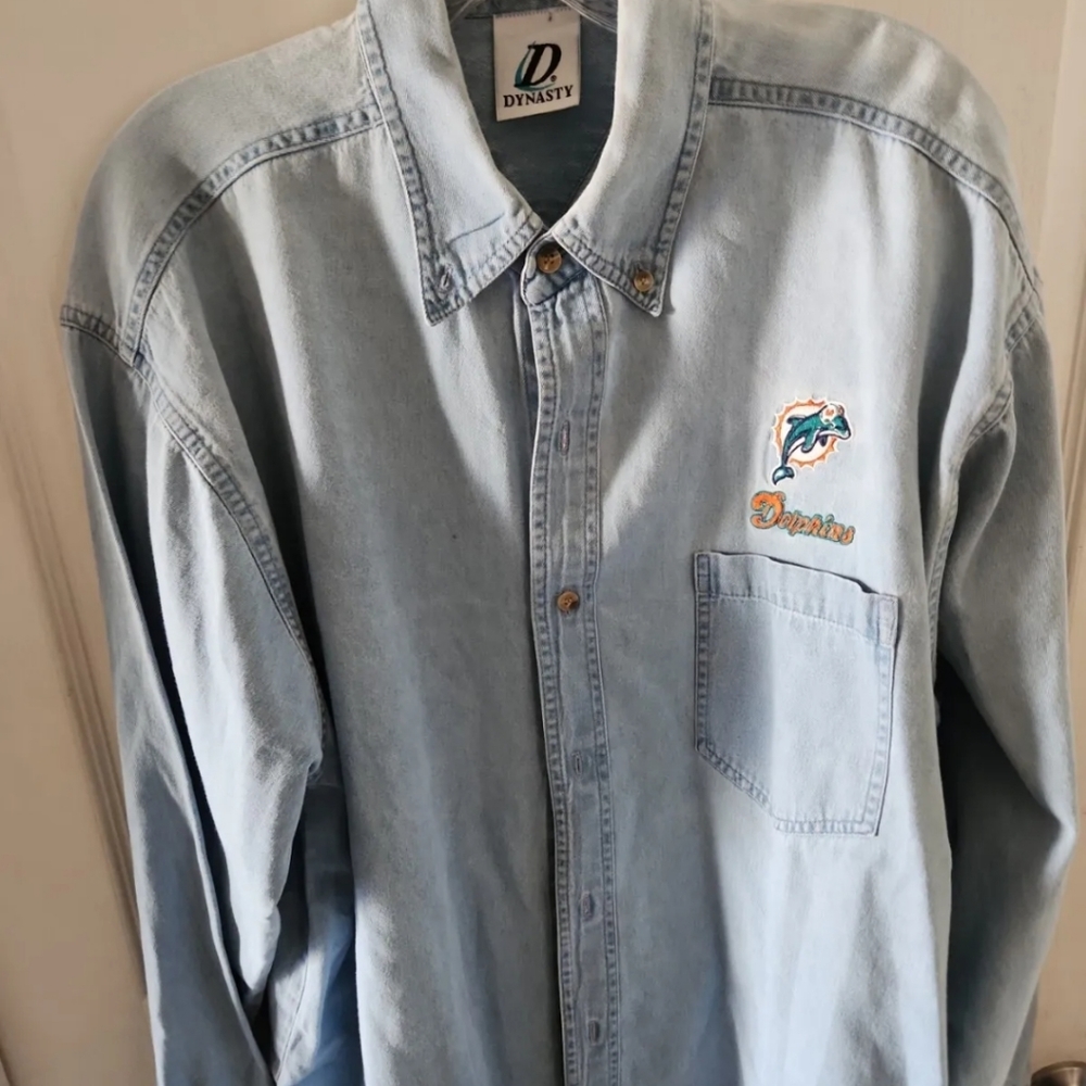 Vintage Miami Dolphins Long Sleeve Button-Down Embroidered Denim Shirt L